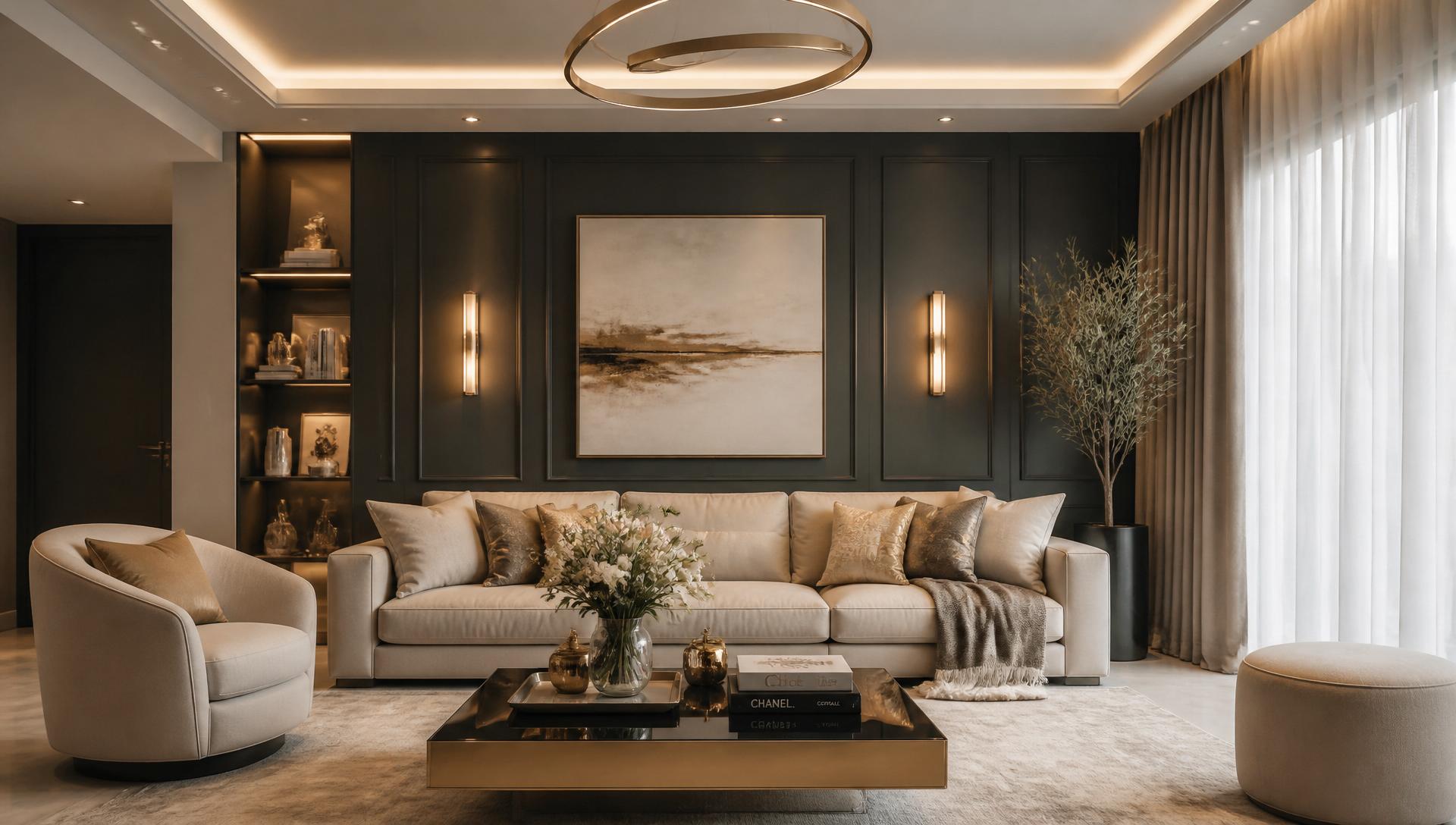 Luxurious living room styled by Sanctus Interior Decor in warm neutrals and gold